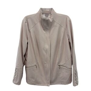 Chicos Jacket 2P (US 12/14 P) Textured Stretch Beige Taupe Zip Front Moto Blazer